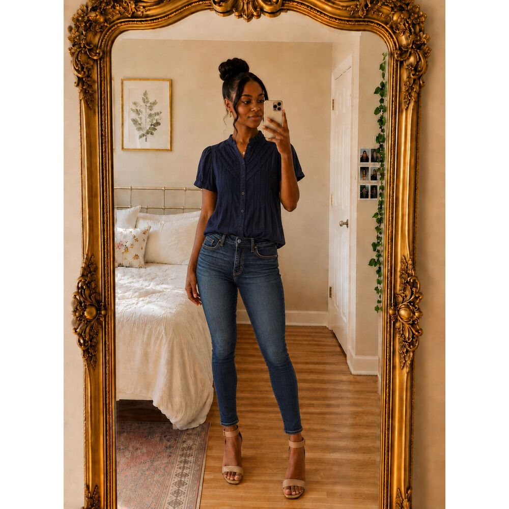 Andrew & Co Navy Blue Pintuck Pleated Bubble Sleeve Blouse Ruffle Collar Size S